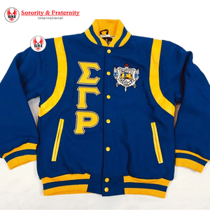 Veste universitaire en laine brodée avec manches en cuir de la sororité Sigma Gamma Rho |   Veste universitaire brodée pour femmes de la sororité SGRho - Product Image 1