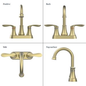 Rubinetto per lavabo a 2 maniglie color oro spazzolato con beccuccio girevole ad arco alto a 360°, interasse 4 pollici, con scarico a scomparsa e tubi di alimentazione - Product Image 6