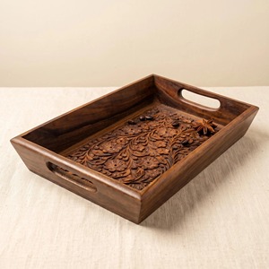 Rehman Craft Hand Carved Floral Wooden Serving Tray <b>Dark</b> Brown Sheesham <b>Wood</b> Slanted Sides Cut-Out Handles Rectangular Food - Product Image 3