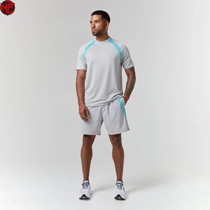 Conjunto Deportivo de Camiseta y Pantalones Cortos de Secado Rápido con Estampado Tejido para Hombre, Diseño de Bloques de Color en Contraste, Ropa Deportiva para Entrenamiento de Verano - Product Image 1