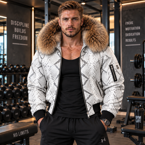 <b>Men's</b> Python Leather Zip <b>Jacket</b> with Luxurious Fur Hood Designer Streetwear Coat | Herren Lederjacke | Chaqueta Hombre Cuero - Product Image 5