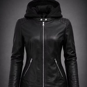 Veste en cuir à capuche pour femme, style Café Racer, vintage, en cuir véritable souple, vêtement d'extérieur - Product Image 1
