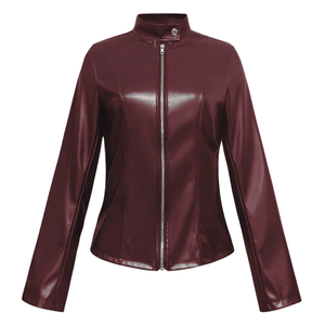 Veste Moto Femme Afernon en Cuir Véritable Respirante à Manches Longues avec Fermeture Éclair et Col Montant Style Automne Couleur Unie - Product Image 1