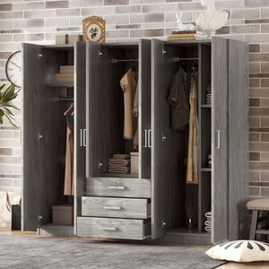 Armadio in Legno Grigio a 6 Ante con Grandi Cassetti per la Camera da Letto - Product Image 1
