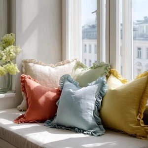 <b>Rectangular</b> Linen <b>Cushion</b> <b>Cover</b> Solid Color Ruffle Bohemian Style Home Decor Pillow Case - Product Image 2