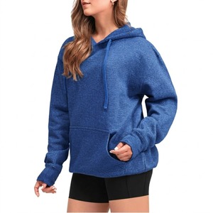 Sudadera con Capucha Extra Grande para Mujer, Azul Sólido, Mezcla de Algodón y Felpa, con Bolsillos, Largo Regular, para Otoño, Gimnasio y Deportes - Product Image 1