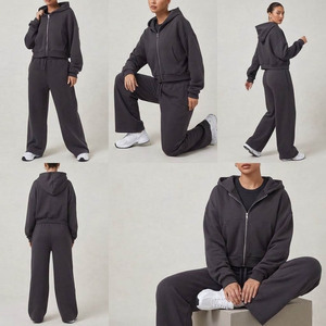 Women Solid Color <b>Cropped</b> <b>Zip</b>-<b>Up</b> Hoodie & Wide-Leg Sweatpants Tracksuit Set Casual Loose Fit Autumn Wear Full Length 100% Cotton - Product Image 3