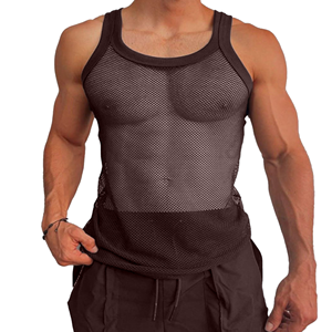 Men's <b>Black</b> Mesh Tank Top Round Neck Sleeveless Fitted Breathable Polyester Vest Summer Solid Color Adult Style - Product Image 5