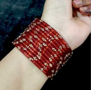 <b>Red</b> glass Bangles Set With Crystal Rhinestone Flower Pattern Ethnic Style Women's Jewelry - Product Image 4