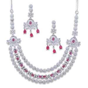 <b>Silver</b> Plated Zinc Alloy Crystal Rhinestone <b>Necklace</b> Earring <b>Set</b> Pink Stones Flower Design Vintage Third Party Certified Wedding - Product Image 5