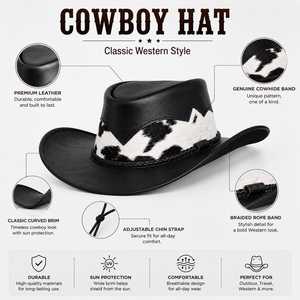 Chapeau de cowboy en cuir noir à motif vache, style western, unisexe, pour l'extérieur, toutes saisons, 56-58 cm, décontracté, adulte - Product Image 6