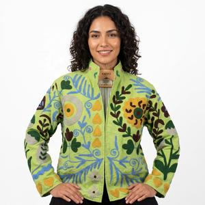 Vintage Suzani Embroidered Autumn Bomber Jacket Handmade Eco-Friendly Indian Floral Cotton Breathable Knitted - Product Image 2