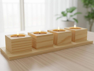 Porte-bougie en bois pour bougies chauffe-plat avec plateau, support carré à 4 emplacements |   Centre de table de Noël en bois naturel pour la table à manger à la maison - Product Image 4