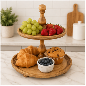 Présentoir à gâteaux en bois de 2 niveaux style ferme, plateau de service à étages en bois d'acacia pour table de desserts de mariage, présentation de cupcakes - Product Image 2