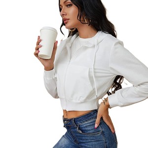 Women's <b>White</b> <b>Long</b> <b>Sleeve</b> Zipper Hoodie <b>Crop</b> <b>Top</b> Casual Knitted Sweatshirt Winter Solid Color Breathable Lined 100% Cotton - Product Image 5