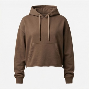 Haut court à capuche pour femme, délavé à l'acide, à épaules tombantes, manches longues, ourlet coupé, broderie personnalisée, vêtement décontracté - Product Image 1