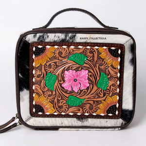 Pochette de maquillage en cuir de vachette pour femme, motif floral western, fermeture éclair, trousse de toilette de voyage, sac à main en cuir de vachette - Product Image 4
