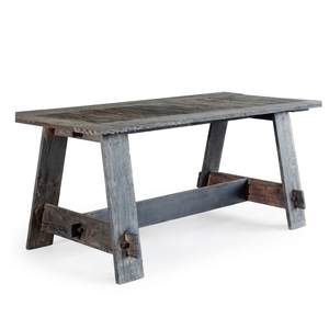 Premium wooden mykonosh dining table minimalist <b>solid</b> dark reclaimed <b>wood</b> kitchen meal <b>desk</b> natural textured top surface spacing - Product Image 1