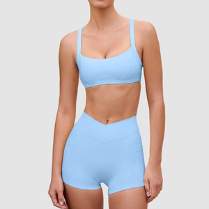 Ensemble de yoga uni pour femme, 2 pièces, short taille haute et crop top, sans couture, en Spandex et Polyester, col carré, dos nageur, tenue d'entraînement - Product Image 6