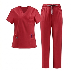 ชุดสครับสำหรับดูแลสุขภาพผู้หญิง เสื้อคอวีแขนสั้นและกางเกงทำงานทรงตรงมีเชือกผูก - Product Image 1