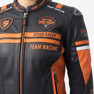 Blouson de moto unisexe en cuir à manches longues orange et noir, coupe-vent toutes saisons, veste de course, manteau de motard unisexe - Product Image 5