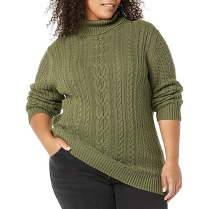 Women's Olive Green Turtleneck Pullover Sweater 100% Wool Cable Knit Full Sleeve Thick Winter Casual Style - Product Image 3