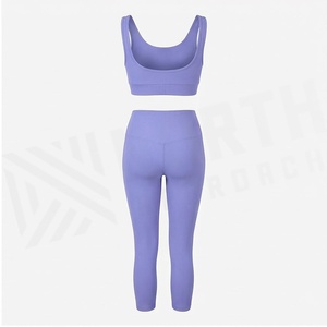 Ensemble de yoga côtelé 2 pièces lavande, col ras du cou, dos nageur, taille haute, longueur mollet, sans couture, vêtements de sport - Product Image 2