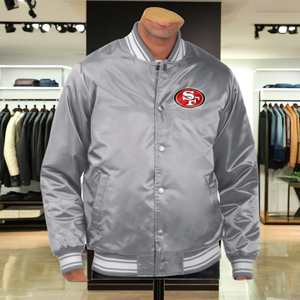 Chaqueta universitaria de satén con revestimiento personalizado para ropa de calle de invierno Unisex 49ers San Francisco con bordado delantero y trasero y resistente al viento - Product Image 1
