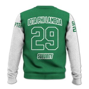 เสื้อแจ็คเก็ตวาร์ซิตี้สีเขียวมรกตผสมสีขาวแบบกำหนดเองของ Iota Phi Lambda พร้อมเสื้อสเวตเตอร์ถักของชมรม Iota Phi Lambda - Product Image 6