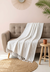 Plaid chauffant en tricot gaufré blanc uni, doux et confortable, avec franges, pour canapé et lit, décoration d'hiver pour la maison - Product Image 1