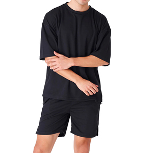 T-shirts à épaules tombantes, shorts personnalisés avec logo, shorts délavés teints à la cire pour hommes, décolleté étroit, t-shirts oversize de marque tendance pour hommes - Product Image 1