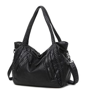 Bolso Hobo de Cuero Genuino para Mujer, Correa de Hombro Trenzada, Gran Capacidad, Cierre de Cremallera, Uso Diario Informal, Negro - Product Image 1