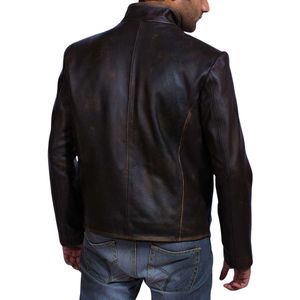 Veste en cuir véritable pour homme, style chinois, col mandarin, fermeture à boutons, coupe-vent, marron foncé - Product Image 3