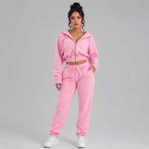 Women Y2K Distressed Zip Hoodie Jogger <b>Tracksuit</b> Set 2 Piece Crop Sweatsuit Lounge Wear Workout Outfit OEM ODM Custom Logo - Product Image 1