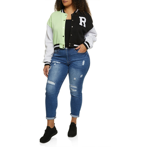 Chaqueta Varsity con Bloques de Color y Logotipo R, Cuello Camisero, Corte Regular, Estilo Preppy Unisex, Ropa de Otoño - Product Image 5