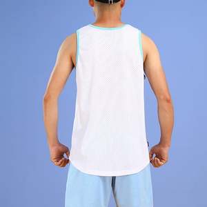 Maillot de basket sans manches en maille blanche unisexe, respirant, en polyester, col rond, avec bordure bleue - Product Image 6