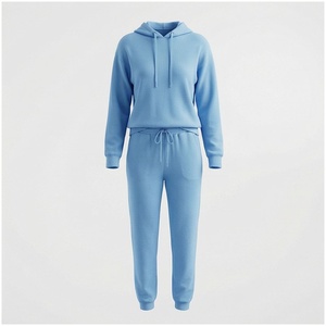 Conjunto Deportivo para Mujer, Sudadera con Capucha Azul Claro y Pantalones Jogger, Color Sólido, Manga Larga, Cordón Ajustable, 100% Algodón, Peso Medio - Product Image 1