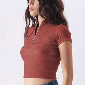Camiseta Corta de Mujer con Media Cremallera, Ajuste Delgado, Estilo Urbano, Casual, con Cremallera Frontal, Camiseta de Verano Personalizable para Mujer - Product Image 5