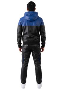 Designer Men's Royal Blue and Black Leather Athleisure Tracksuit with Full-Zip Hooded <b>Jacket</b> - Product Image 4