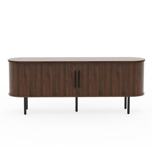 Mueble de TV Moderno de Aglomerado con Relieve de Nogal, con Tablero Ovalado de 147 x 35,58 cm y Puerta Corredera con Rejilla, Centro de Entretenimiento - Product Image 4