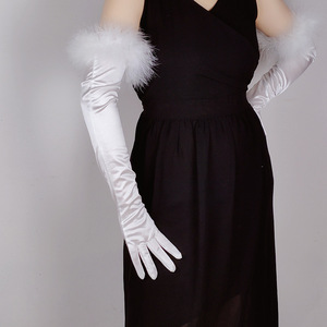 2025 Women Stylish Summer Vintage Satin <b>Black</b> <b>Feather</b> Lace Long Wedding Dress Stretch Spandex Satin Ceremonial Sunscreen Gloves - Product Image 4