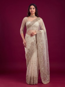 Sari indien de créateur avec broderie de sequins, tenue de soirée, style traditionnel pour mariage et réception, tenue festive de luxe - Product Image 3