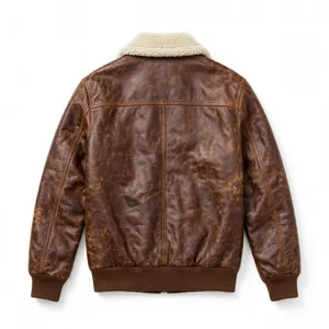 <b>Men</b> <b>Brown</b> Vintage Real <b>Leather</b> Bomber <b>Jacket</b> Shearling Collar 4 Pocket Zip Front Custom Logo Accept Industry OEM - Product Image 2
