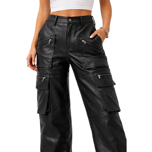 กางเกงคาร์โก้หนังแกะสำหรับผู้หญิง เอวสูง หนังแท้ หลายกระเป๋า กางเกงหนังแฟชั่น - Product Image 1
