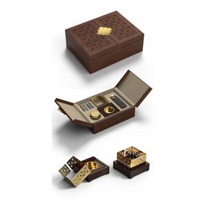 ชุดเตาเผากำยานทรงเรขาคณิตสีฟ้าอ่อนสุดหรู พร้อมถาดและกล่องเก็บของ วัสดุโลหะสีทอง สำหรับอูด บาคูร์ ของขวัญรอมฎอนแบบอาหรับ - Product Image 5