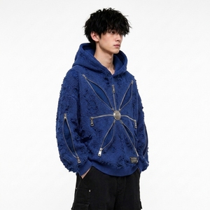 Sudadera con Capucha Oversize de Punto para Hombre, Estilo Casual Urbano, con Cremallera en la Manga, de Poliéster/Algodón, Ajuste Regular, para Invierno - Product Image 3