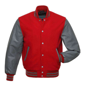Custom Logo Unisex Varsity Jacket <b>Red</b> <b>Wool</b> Body Grey Polyester Waterproof Windproof Winter Letterman Baseball Bomber - Product Image 1