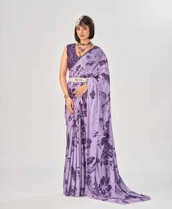 Sari Tradicional Indio de Seda Satinada con Estampado Floral para Uso Casual y Eventos Festivos, Atuendo Elegante y Moderno para Mujer - Product Image 1