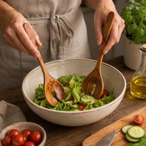 Eco-Friendly Hand-<b>Carved</b> Teak Wood Salad Server Set of 2 Long Handle Serving <b>Spoon</b> and Fork for Modern Farmhouse Kitchen - Product Image 6