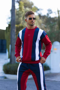 Conjunto de Sudadera con Cuello Redondo y Bloques de Color para Hombre, Rojo, Azul y Blanco, Estilo Casual para Otoño, Manga Larga, Corte Regular, 100% Algodón - Product Image 3